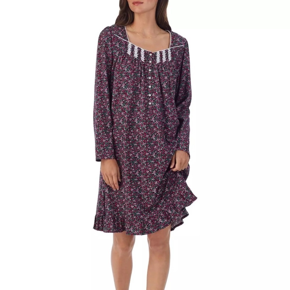 EILEEN WEST Black/ Pink 100% COTTON KNIT Long Sleeve Short Nightgown Sz L